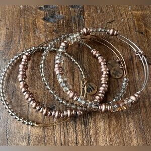 Four (4) Alex & Ani matching beaded bracelets bronze and crystal tone